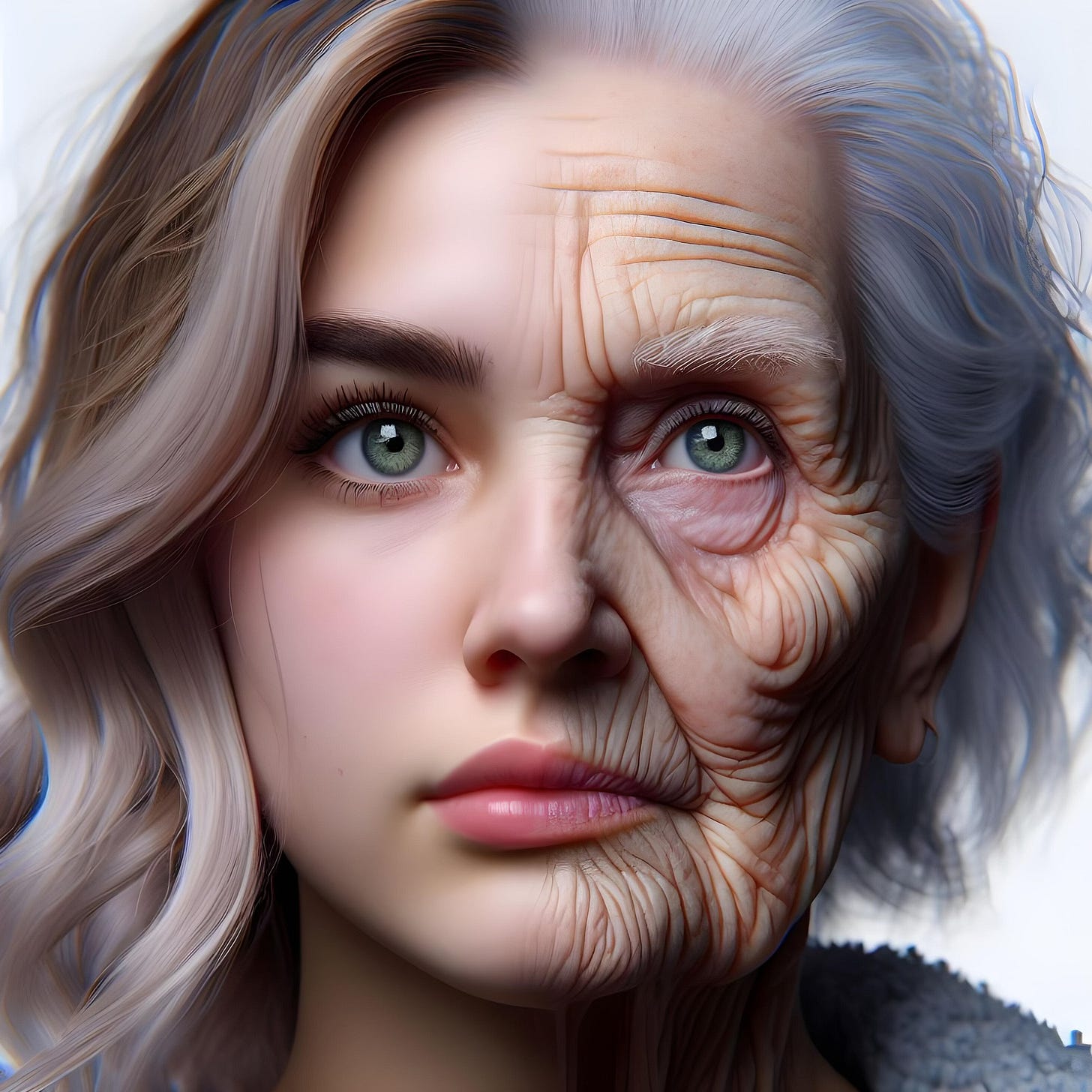 AI-generated photo of woman whose face is young on one side and wrinkled on the other.
