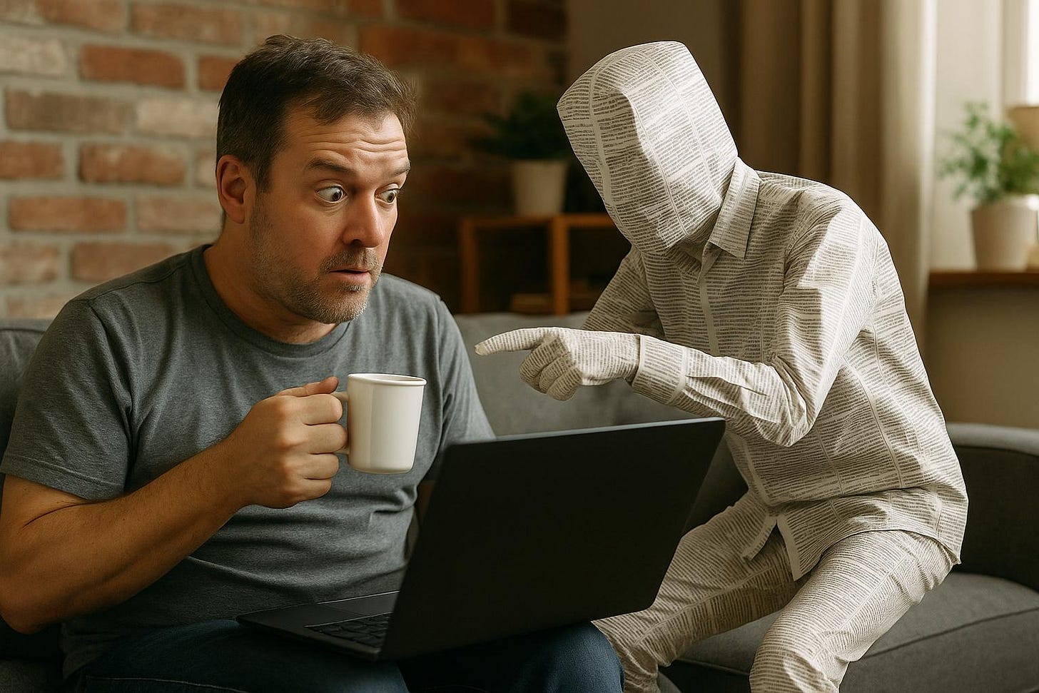 Man Startled by Newspaper Figure Pointing at Laptop Man Startled by Newspaper Figure Pointing at Laptop