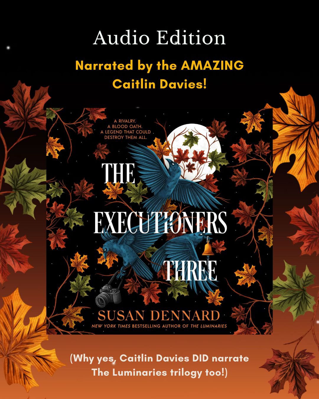 A graphic showing a square version of the cover with the text "Audio Edition Narrated by the AMAZING Caitlin Davies! (Why yes, Caitlin Davies DID narrate The Luminaries trilogy too!)"