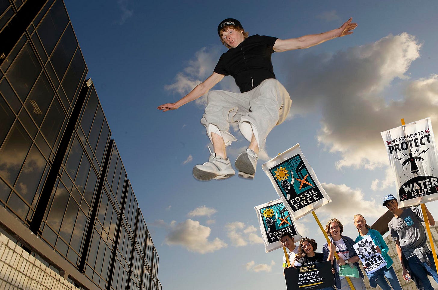 student uses parkour to avoid talking about the environment