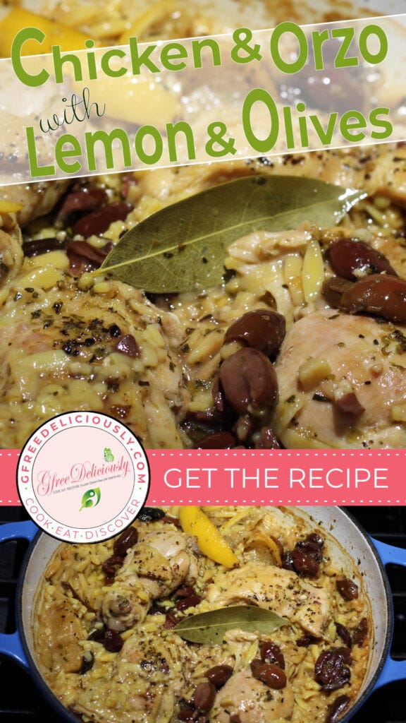 A beautifully captured image of a plate filled with vibrant and aromatic Chicken & Orzo with Lemon & Olives, accompanied by a yellow lemon slice and a few olive pieces.