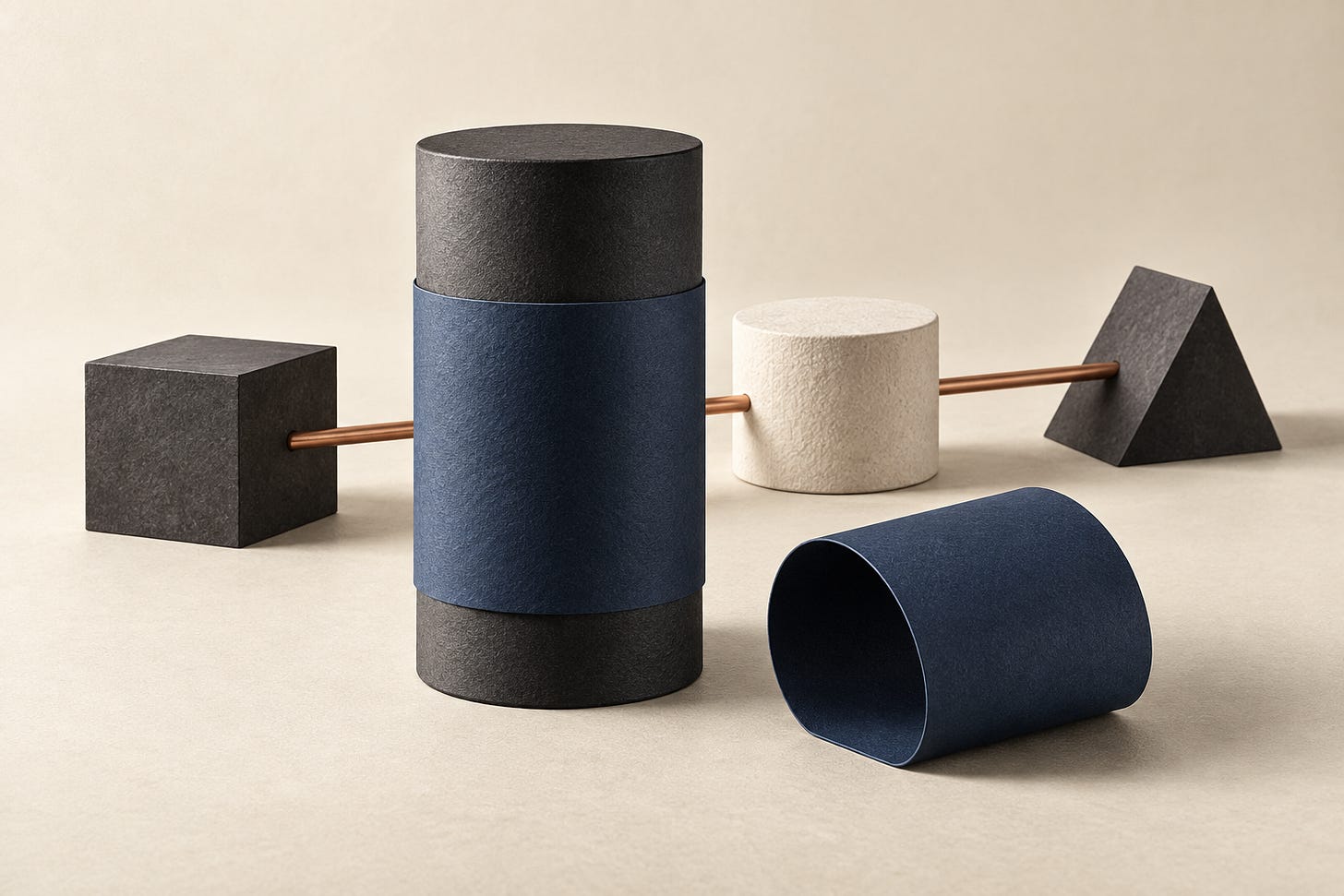 Conceptual paper-and-metal still life of a navy sleeve around a charcoal cylinder, a separate sleeve and geometric forms linked by a copper rod. Conceptual paper-and-metal still life of a navy sleeve around a charcoal cylinder, a separate sleeve and geometric forms linked by a copper rod.