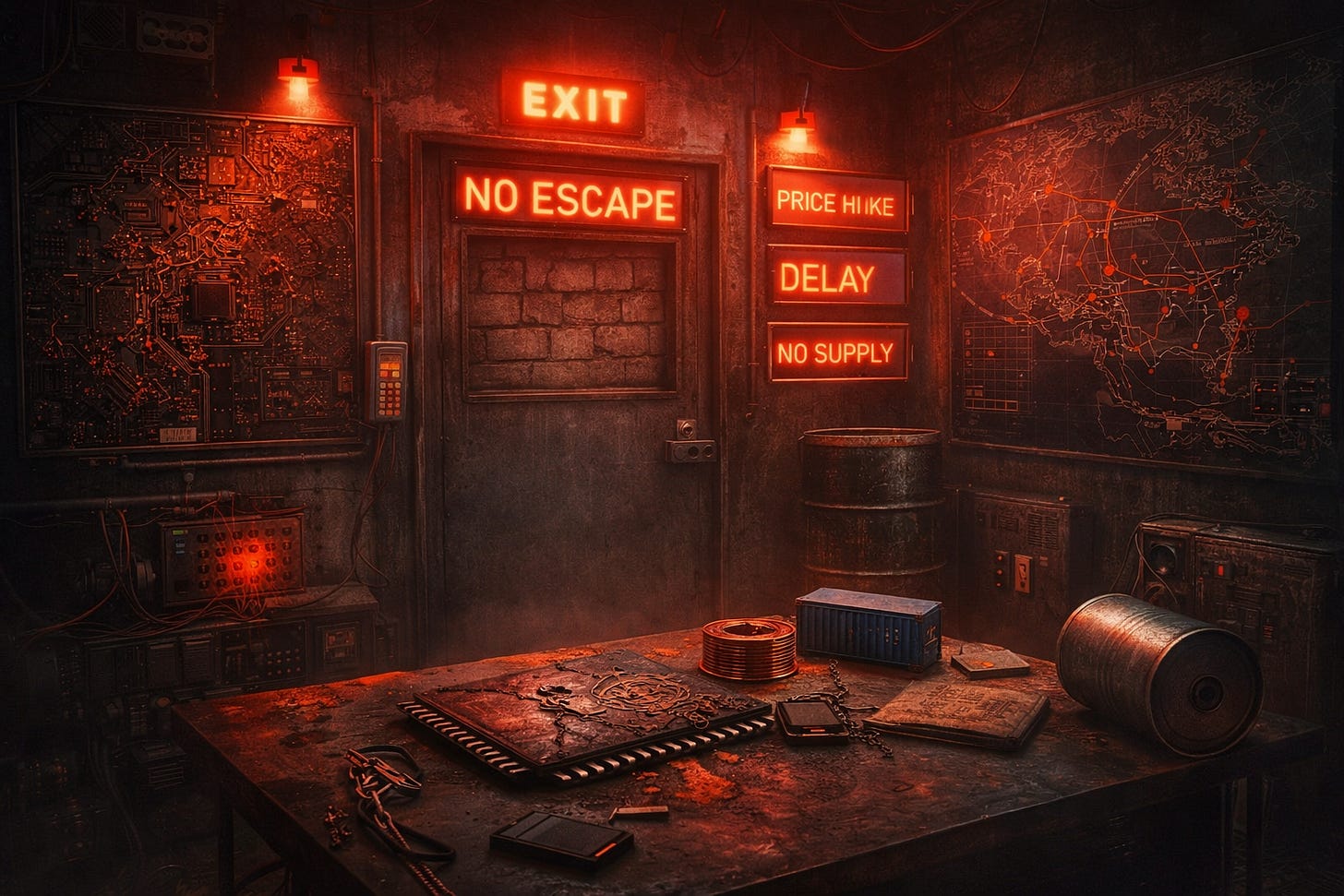 En una habitación oscura con aspecto de escape room industrial, una puerta coronada por la palabra « EXIT » está bloqueada. Varios letreros rojos muestran « NO ESCAPE », « PRICE HIKE », « DELAY » y « NO SUPPLY ». Alrededor se ve una mesa metálica con un chip dañado, una bobina de cobre, un pequeño contenedor y un barril, así como paredes cubiertas de circuitos y de un mapa logístico.