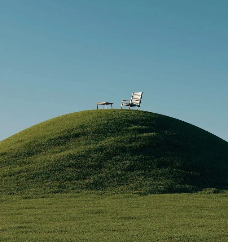 This may contain: two white chairs sitting on top of a green hill under a blue cloudless sky