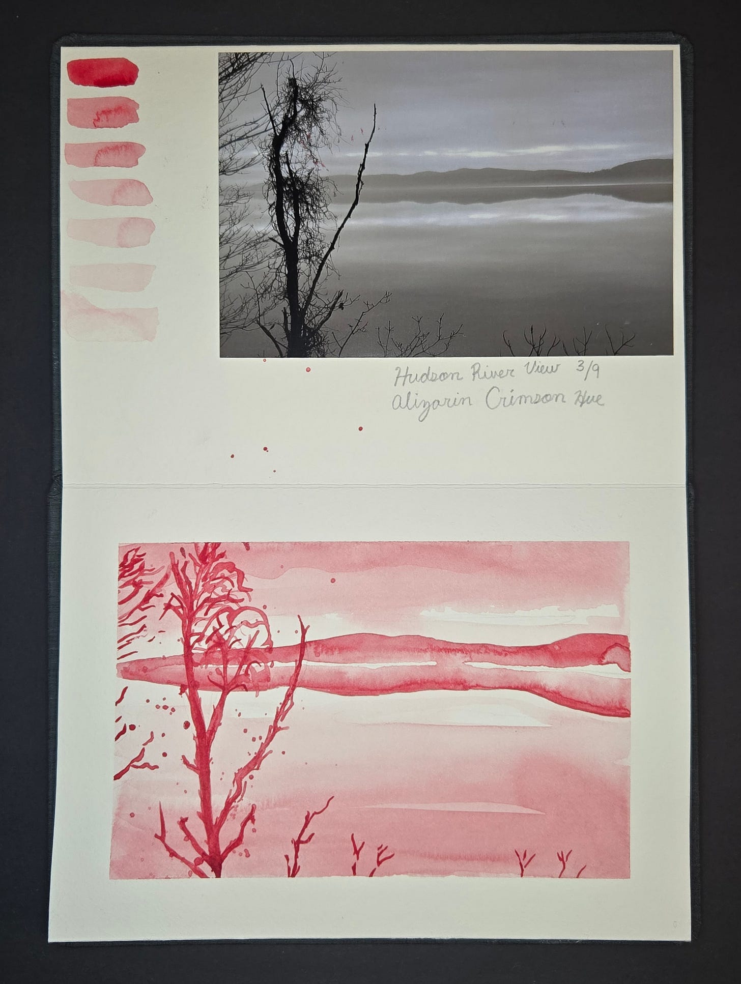 Hudson River study in alizarin crimson watercolor, with bare tree branches in foreground and layered mountains across the misty river.