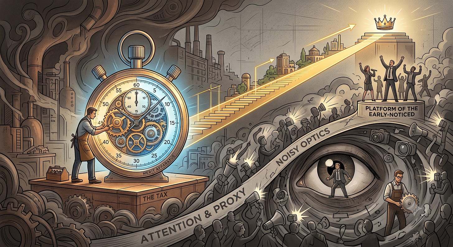 Illustration of a maker tending a giant stopwatch full of gears while a golden staircase leads others up to a platform of the early-noticed, with banners reading attention and proxy and noisy optics - an allegory for recognition and merit in organizations. Illustration of a maker tending a giant stopwatch full of gears while a golden staircase leads others up to a platform of the early-noticed, with banners reading attention and proxy and noisy optics - an allegory for recognition and merit in organizations.
