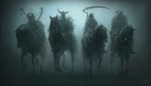 the four horsemen of the apocalypse are riding horses in the fog . the four horsemen of the apocalypse are riding horses in the fog .