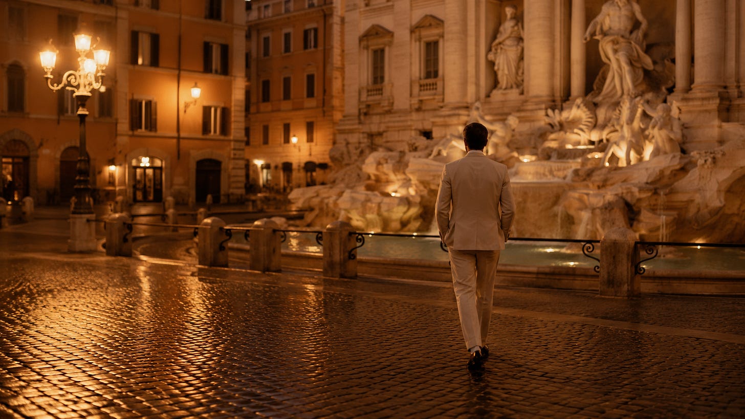 Piazza italiana al crepuscolo, sagoma di spalle e fontana barocca: italianità nel lusso hospitality in chiave Dolce Vita