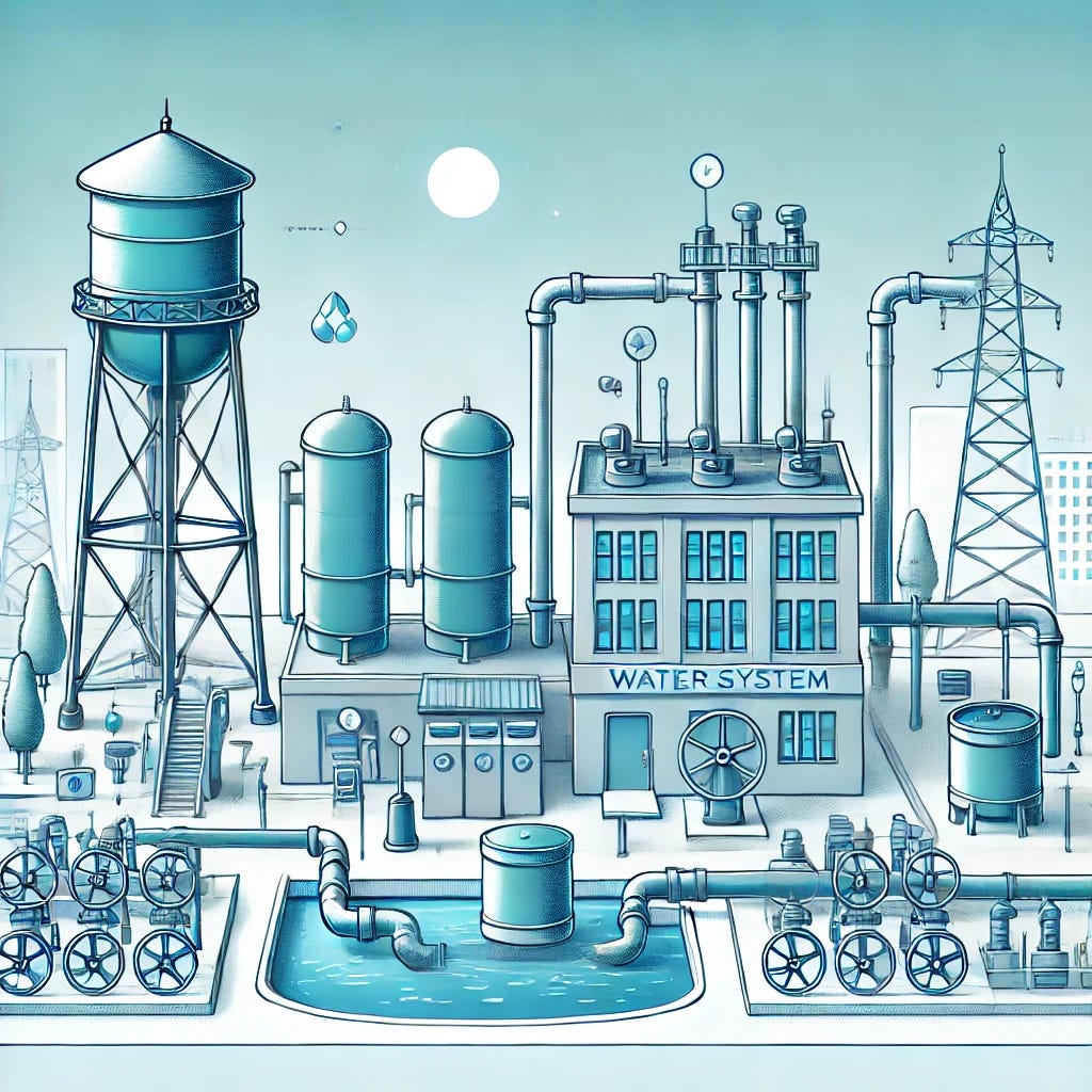A municipal water system illustration featuring interconnected water pipes, a water tower, and a wastewater treatment plant. The artwork has a clean, schematic style with blue tones to represent water and green elements symbolizing environmental sustainability. The scene includes subtle infrastructure details like pumps, valves, and modern technology. Bright and inviting, the image conveys public utility efficiency and eco-friendliness.
