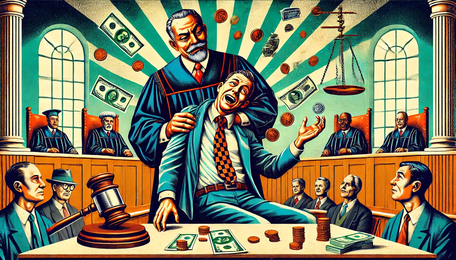A satirical and striking banner illustration of a judge in a courtroom holding a man upside down, shaking him to make money and coins fall out of his pockets. The man looks distressed and helpless, while the judge has an exaggerated authoritative expression, symbolizing the financial strain and bias in family courts. The background depicts a traditional courtroom setting with wooden benches, a gavel on the judge's desk, and an audience of other litigants watching in shock. The color scheme is bold and dramatic, with a mix of somber and vivid tones to highlight the theme of financial exploitation and injustice.