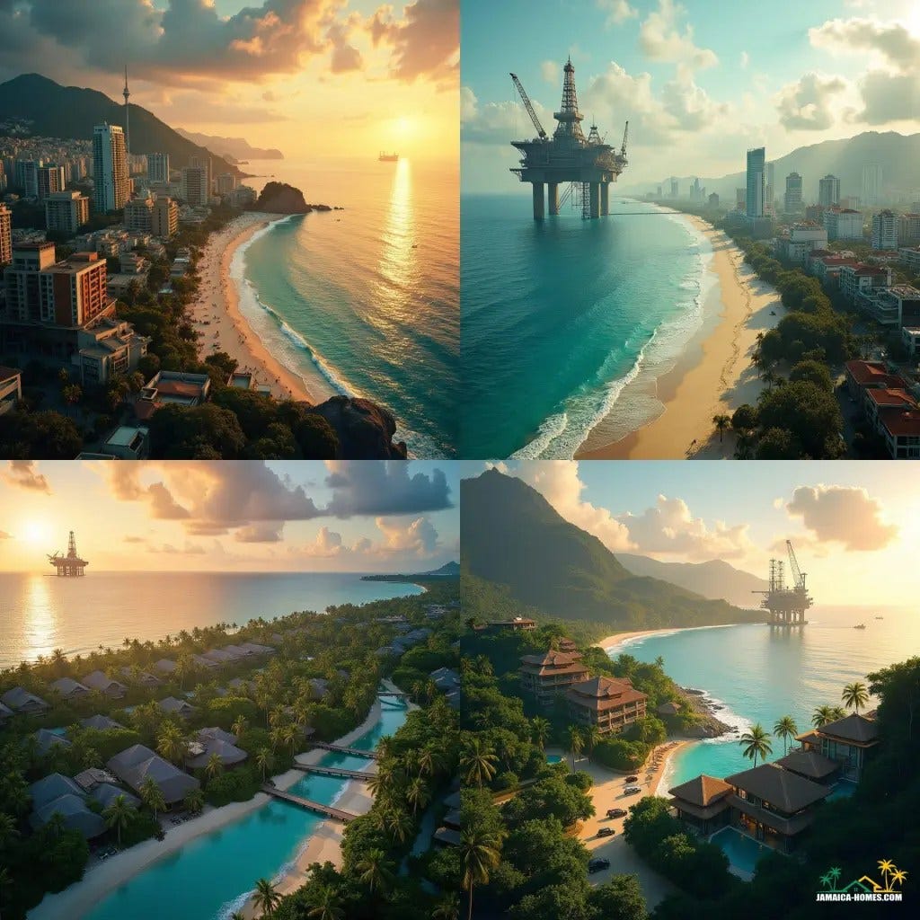 Luxurious boutique eco-resorts, sleek high-rise hotels, and vibrant entertainment complexes, crafted to cater to the booming tourism industry, amidst a breathtaking coastline with one or two colossal offshore rigs standing sentinel in the distance. Rendered in a cinematic film style, reminiscent of the works of Emmanuel Lubezki, Roger Deakins, and Hoyte van Hoytema