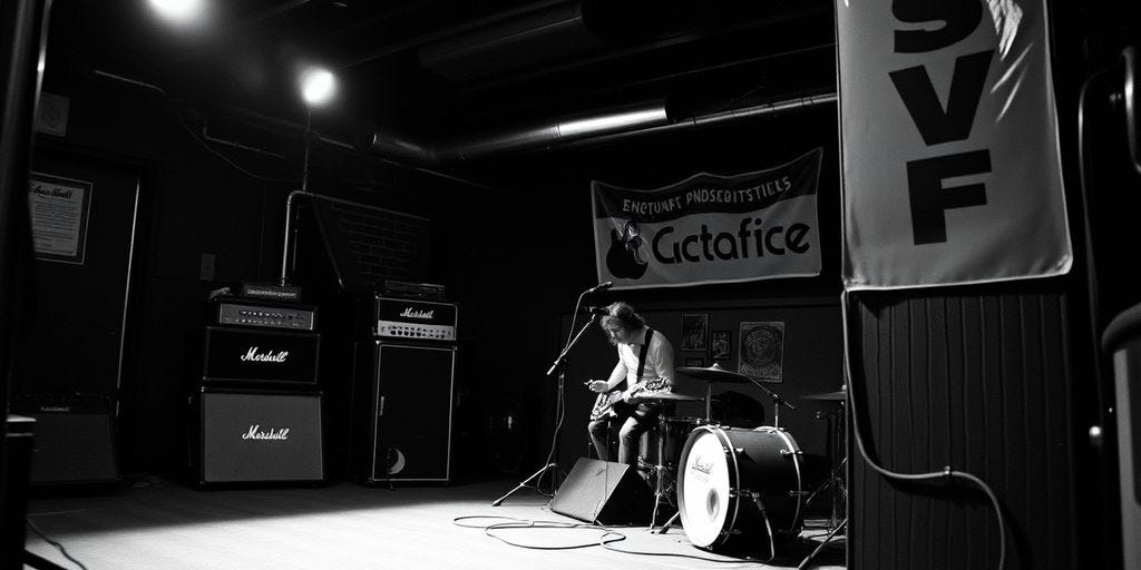 Underground music venue with stage and instruments