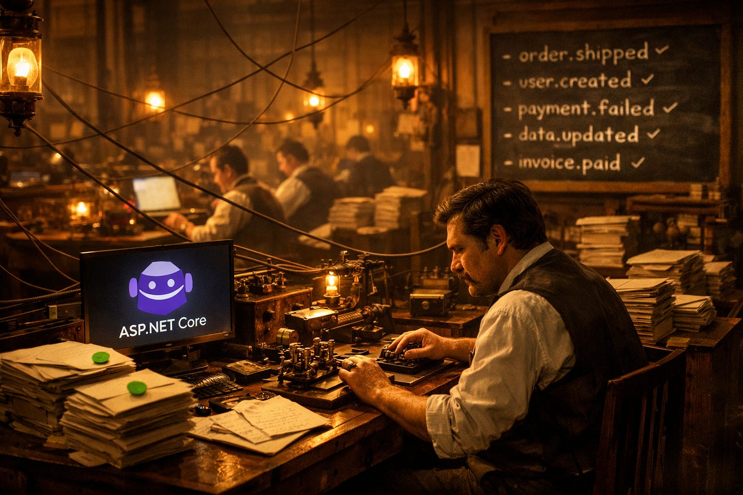 Vintage telegraph operator sending messages, with ASP.NET Core logo and webhook event types on a chalkboard in the background. Vintage telegraph operator sending messages, with ASP.NET Core logo and webhook event types on a chalkboard in the background.