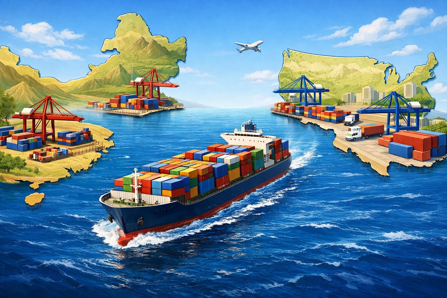 A cargo ship loaded with containers sailing between maps of China and the USA, showing ports and shipping activity on both sides. A cargo ship loaded with containers sailing between maps of China and the USA, showing ports and shipping activity on both sides.