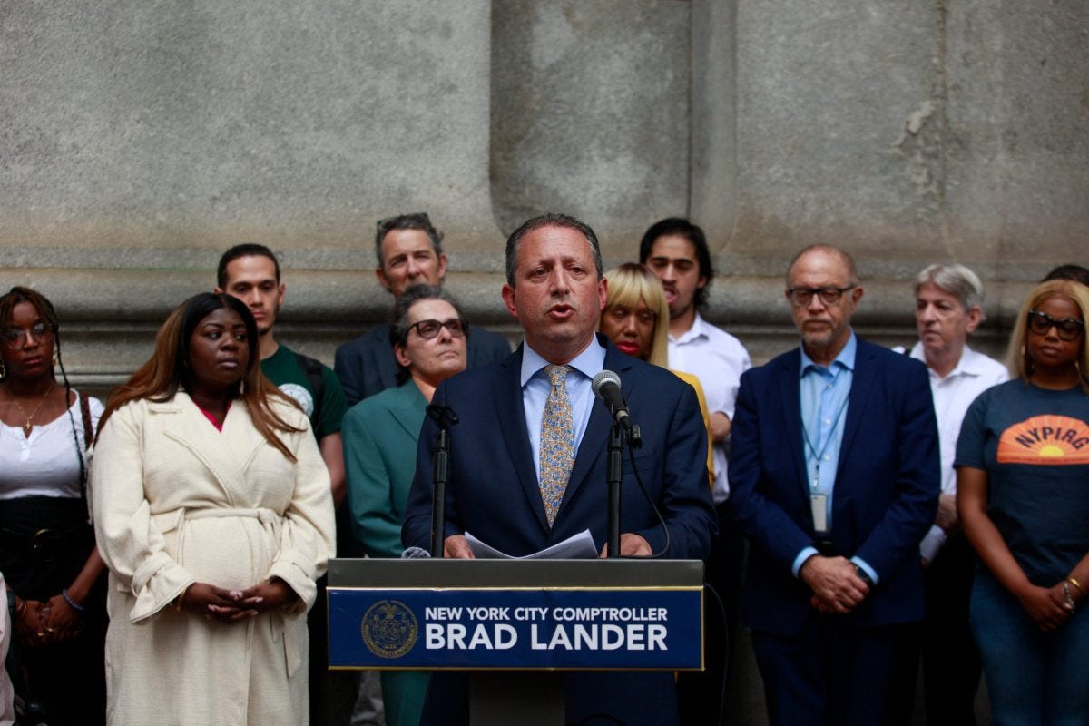 Comptroller Brad Lander speaks outside the Municipal Building about a potential lawsuit to put congestion pricing into effect.