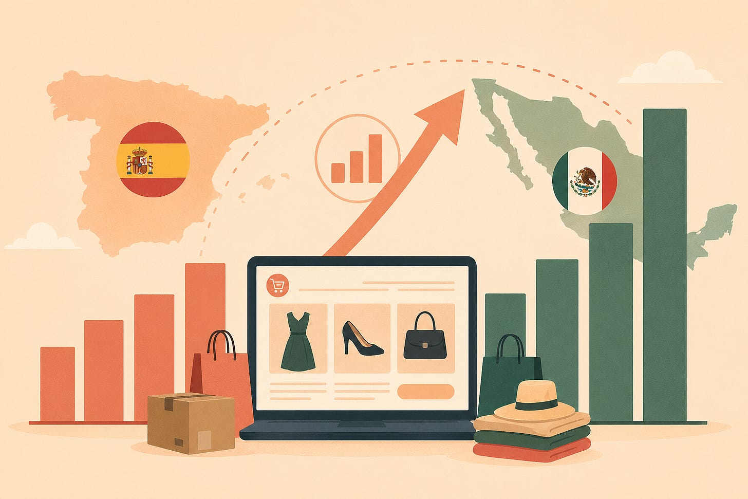 haz una imagen que ilustre lo mejor posible el siguiente contenido (pero no incluyas ningún texto dentro de la imagen, haz la imagen con los estilos de ilustración de la imagen adjunta, pero no copies la escena ni los personajes, solo es referencia del tipo de diseño. Pero sí usa la paleta de colores similar): El ecommerce español crece un 19%

La compraventa online de moda en España superó los 1,549 millones de euros en el tercer trimestre, marcando su mayor subida en más de un año. (vía ModaEs)



Insight Society: Aunque en México no existe una cifra oficial; a partir del peso de la categoría en el ecommerce total (20–25%) y las cifras de AMVO sobre ventas online de retail, estimamos que las compras online de este tipo de productos en nuestro país rondan los 9,700 millones de euros al año (2,425M de euros por trimestre, en promedio), lo que sería un mercado 56% más grande que el de España.