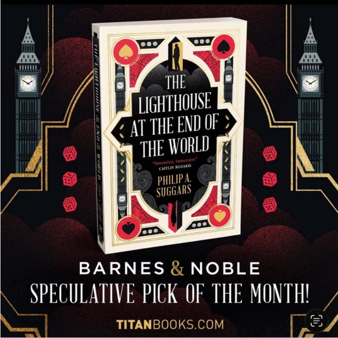 A graphic advertising The Lighthouse at the End of the World as Barnes and Noble's speculative fiction pick for April 2026