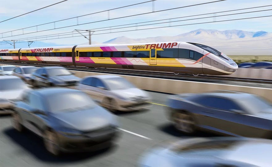 Obvious digital art image of a high speed train zooming through the desert in the median of an interstate highway, with the old Trump Shuttle 'TRUMP' logo photoshooped onto the train cars. Obvious digital art image of a high speed train zooming through the desert in the median of an interstate highway, with the old Trump Shuttle 'TRUMP' logo photoshooped onto the train cars.