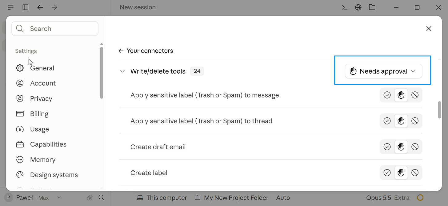 Claude connector permissions in Claude Desktop: Gmail write and delete tools set to Needs approval Claude connector permissions in Claude Desktop: Gmail write and delete tools set to Needs approval