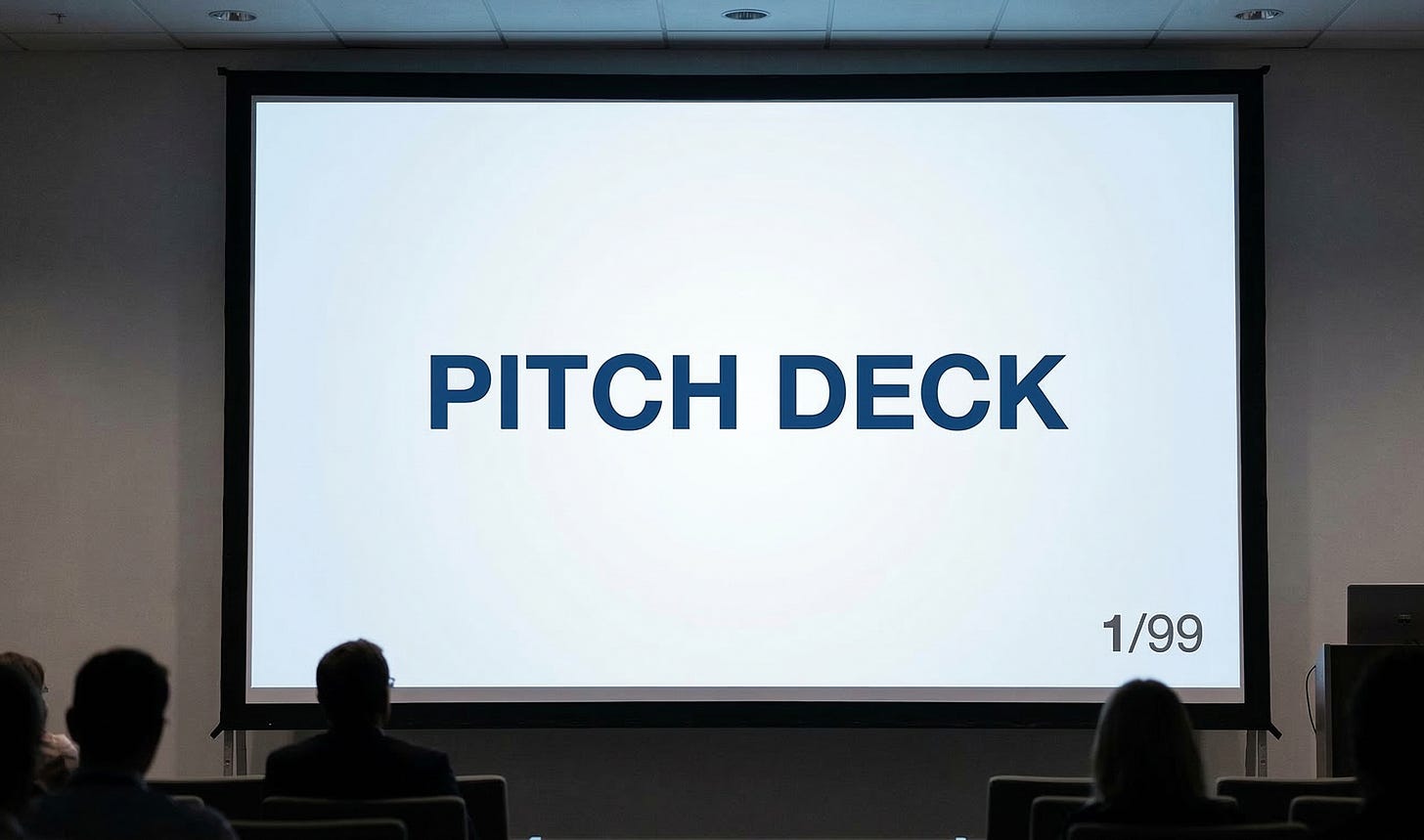 A projection screen in a dark room showing the first slide of a 99 page pitch deck.