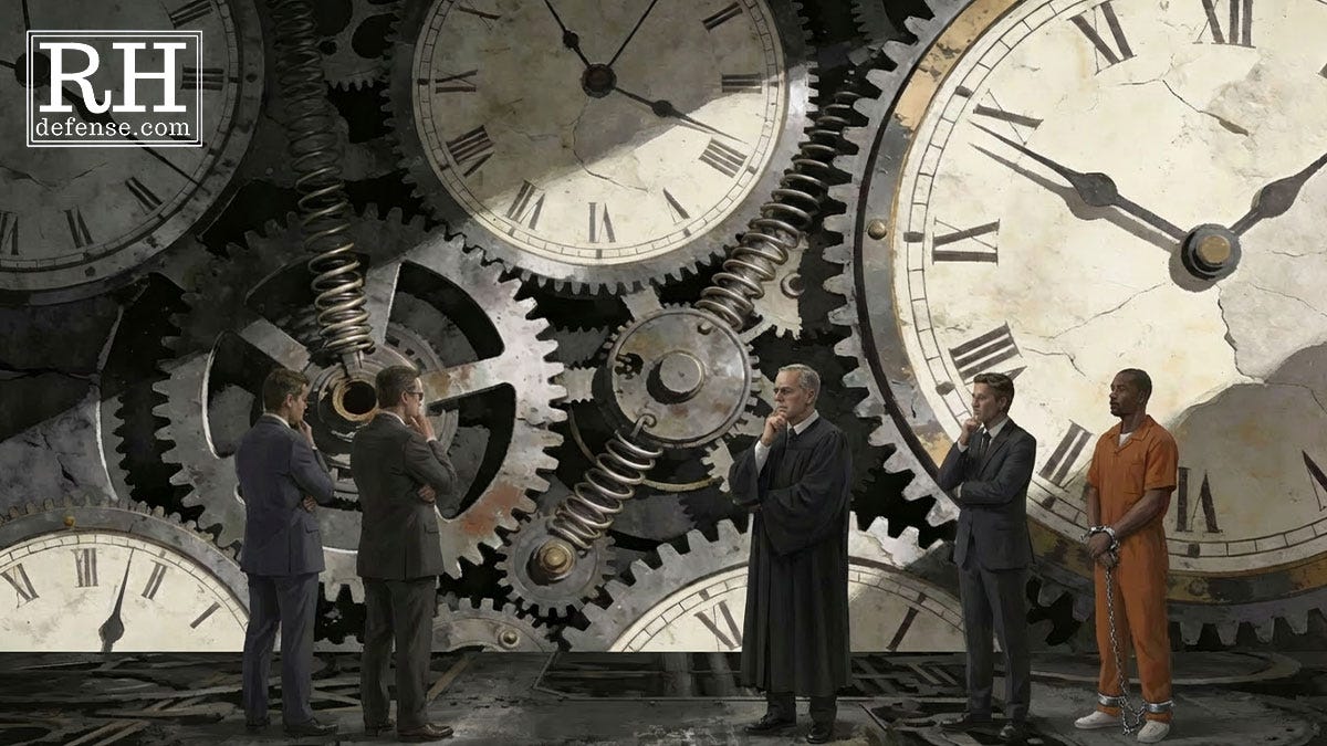 A judge, two prosecutors, a defense lawyer, and a prisoner stand in front of a massive wall of interlocking clock gears and cracked clock faces, all facing the machinery with contemplative expressions as it looms behind them.