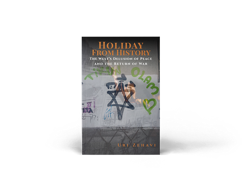 The cover of Holiday From History presents the Star of David defaced by graffiti, flames flickering behind it, and the words tikkun olam sprayed in green—an image that captures the collision of Jewish endurance and Western illusion.
