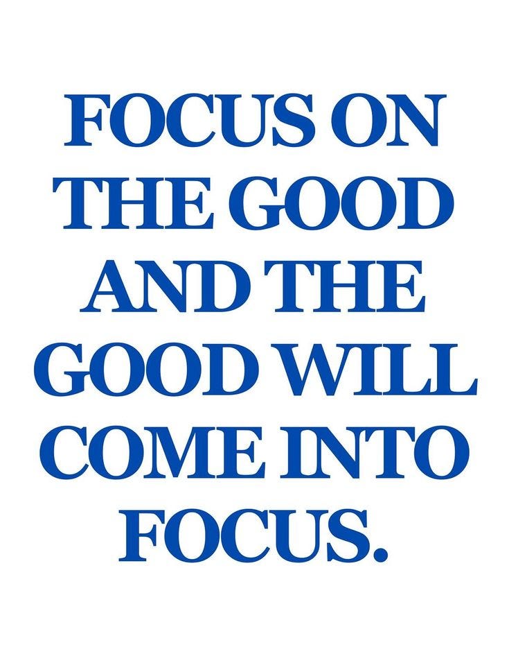 This may contain: a blue and white poster with the words focus on the good and the good will come into