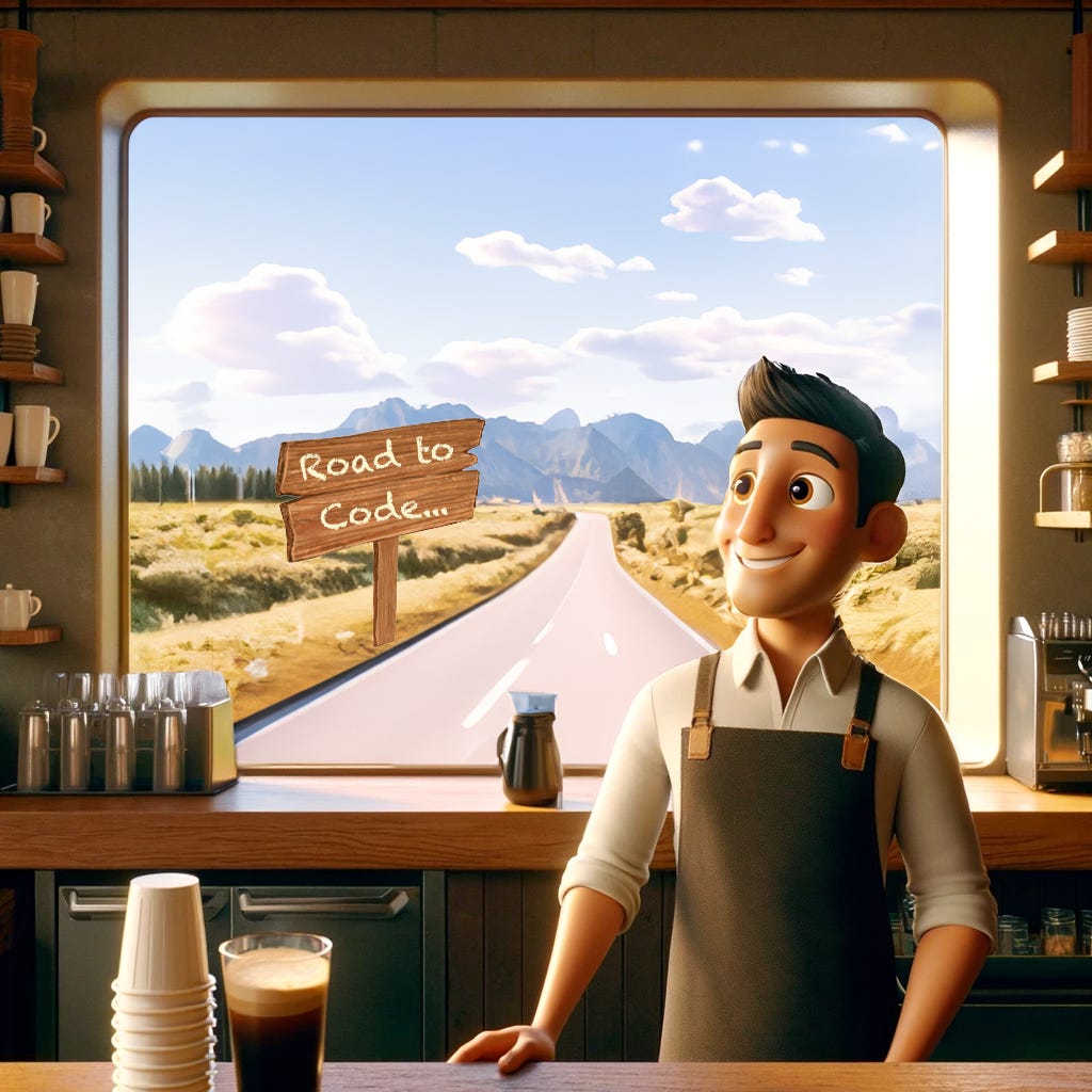 A coffe shop barista looking out of a window at a long road A coffe shop barista looking out of a window at a long road
