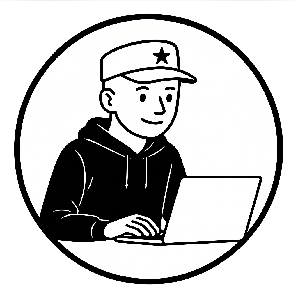 Black-and-white minimalist illustration of a person wearing a baseball cap and hoodie, typing on a laptop, shown inside a circular frame, representing a modern content creator or writer working online.