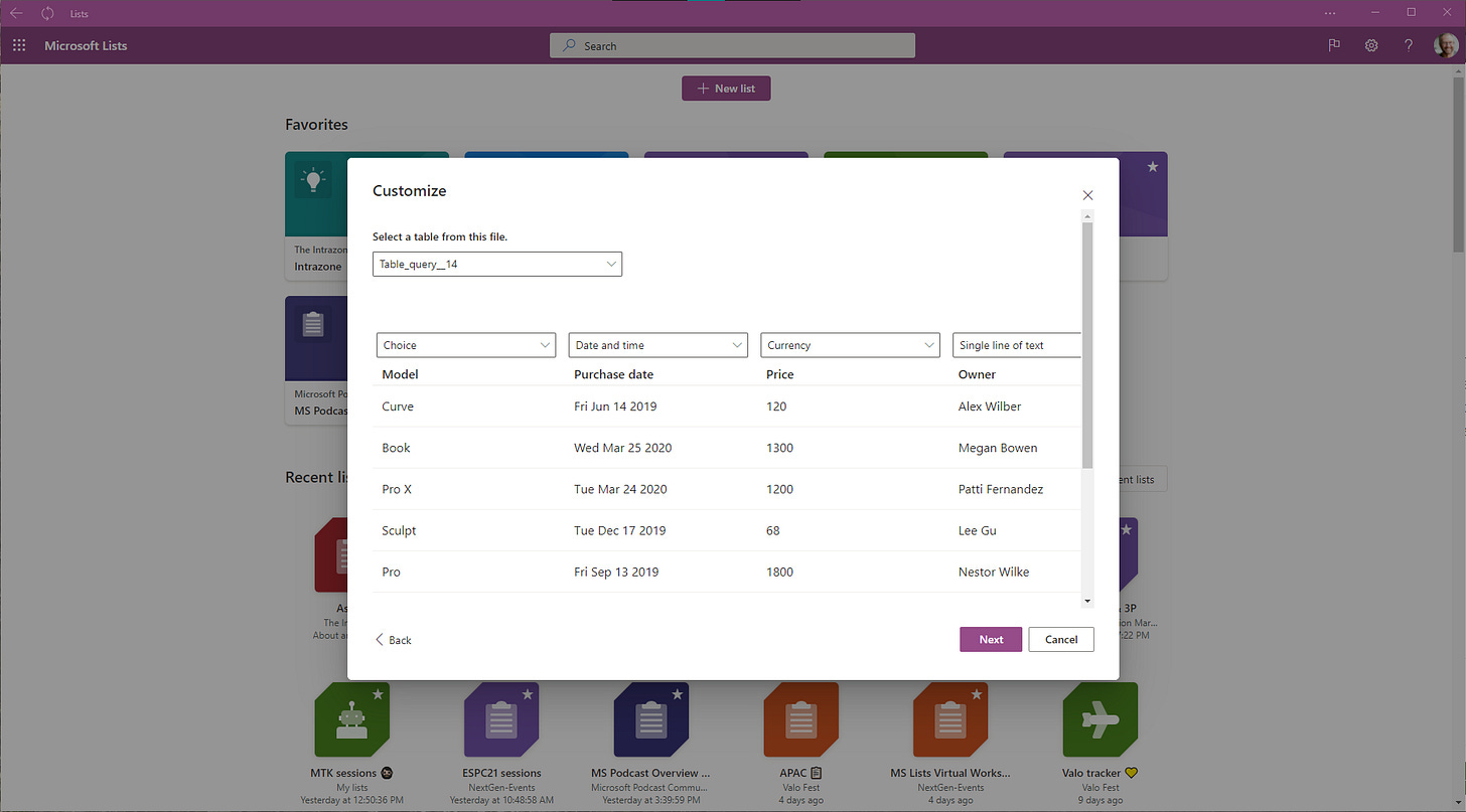 When you create a list from Microsoft Excel, you map table data to a new list – adjusting column types before you click Create. When you create a list from Microsoft Excel, you map table data to a new list – adjusting column types before you click Create.