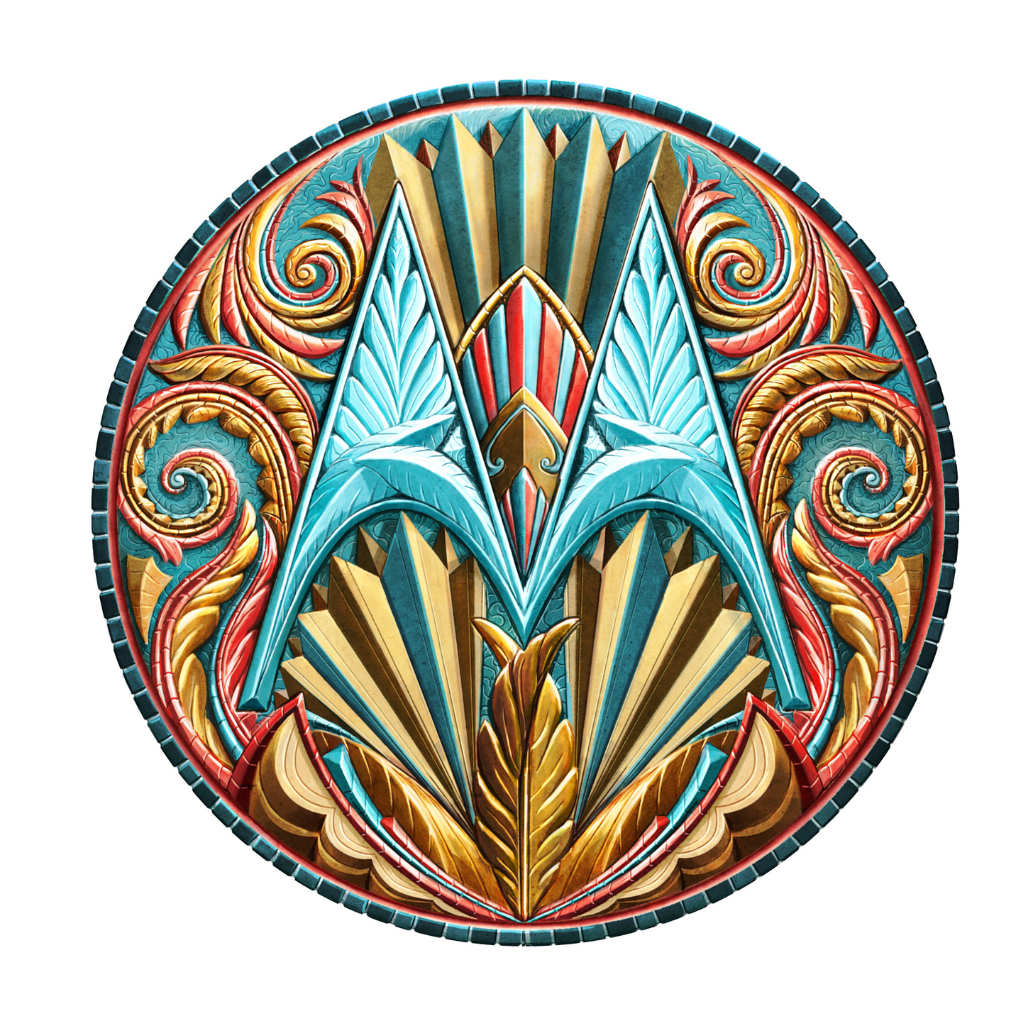 A Motorola batwing M logo rendered in the style of an elaborate wood carving in blue and gold with red trim.