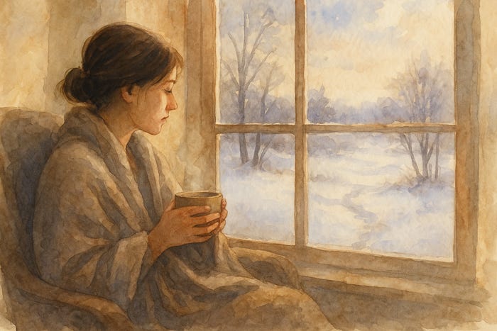 Watercolor painting of a woman wrapped in a blanket, quietly reflecting with a warm drink by a winter window, illustrating compassionate new year intentions for sensitive people.