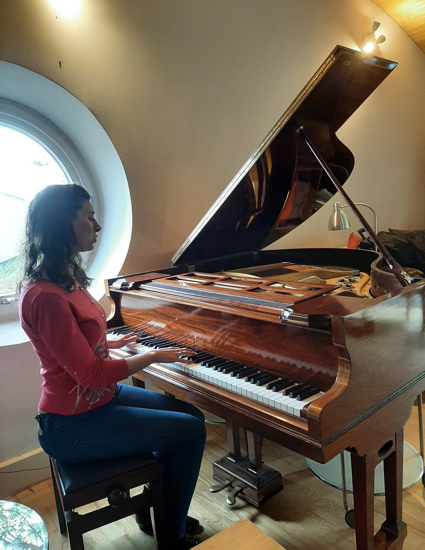 Danielle of Bird Flies Free, playing a grand piano and singing.
