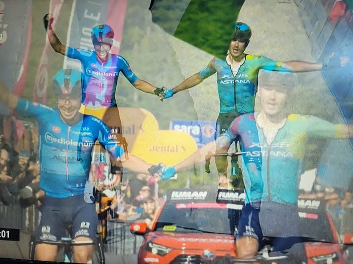 Lorenzo Fortunato and Cristian Scaroni cross the line victorious on stage 16