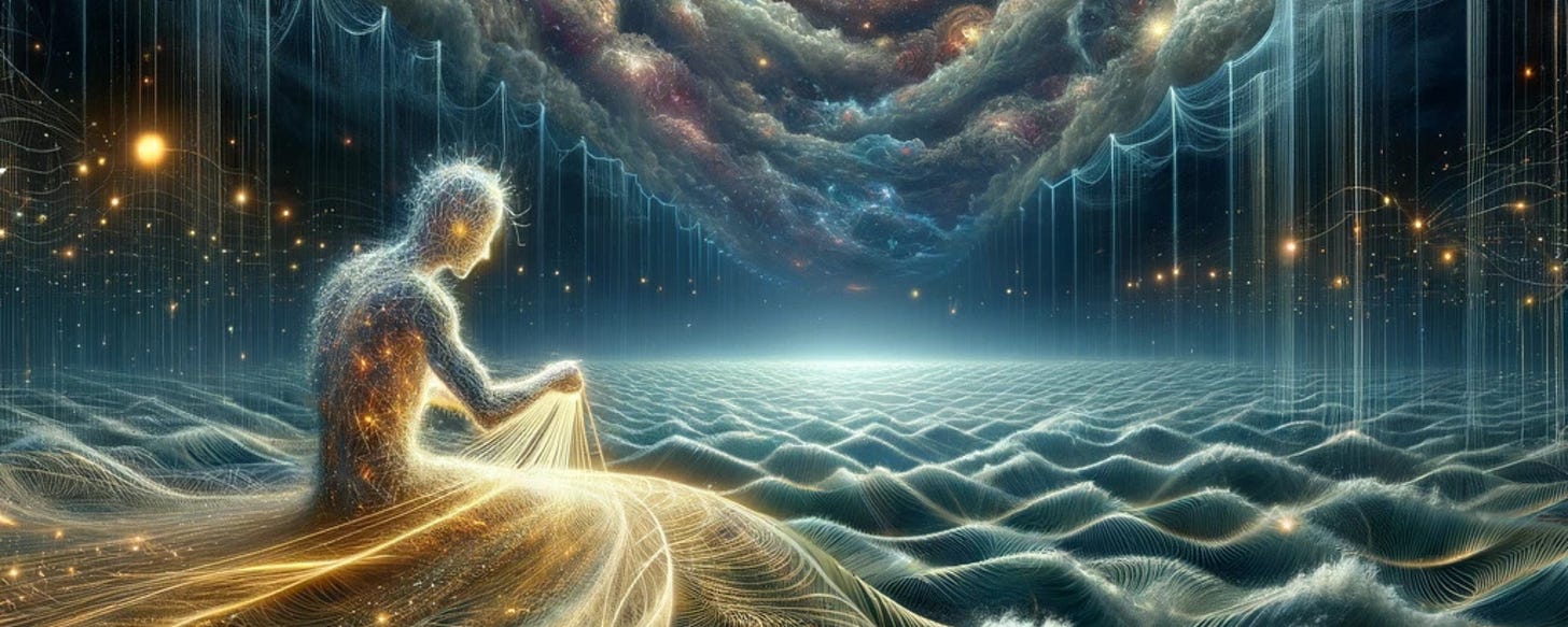 A luminous human-like figure made of glowing threads sits at the edge of a rippling cosmic ocean, weaving strands of light as star-filled clouds descend from above, symbolising time flowing through consciousness.