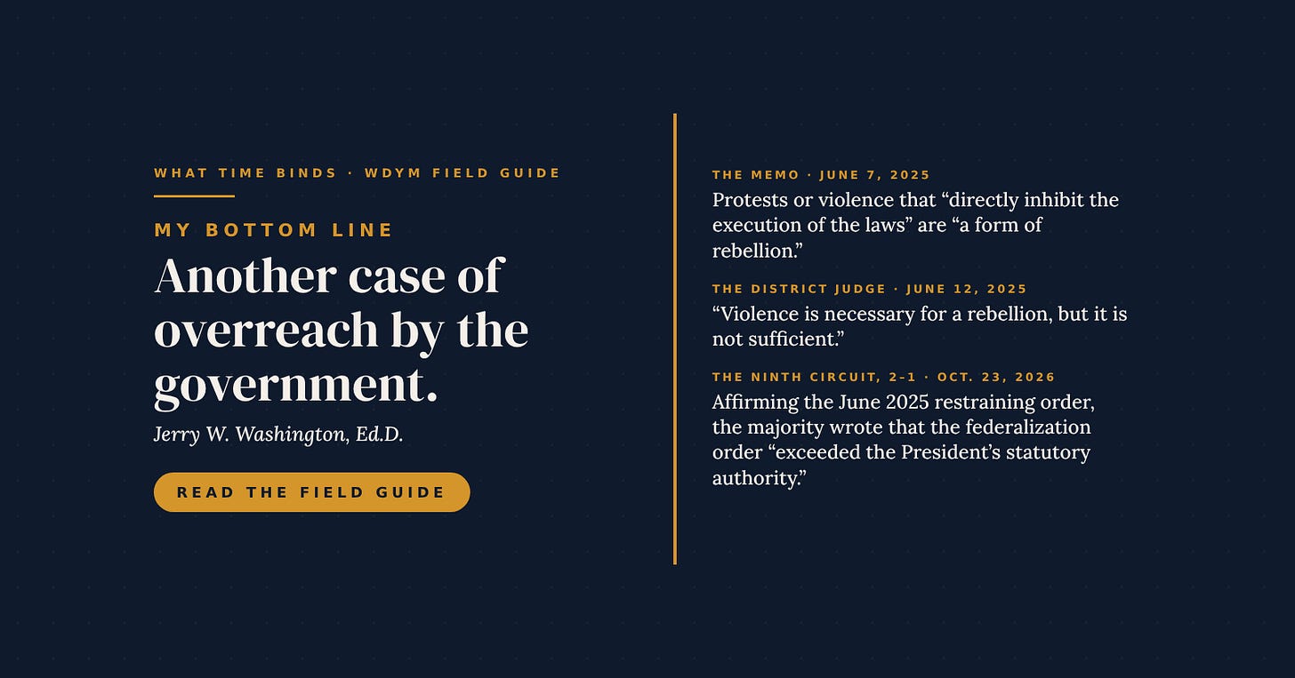 What Time Binds quote card. My bottom line: Another case of overreach by the government. Jerry W. Washington, Ed.D. The memo, June 7, 2025: Protests or violence that “directly inhibit the execution of the laws” are “a form of rebellion.” The district judge, June 12, 2025: “Violence is necessary for a rebellion, but it is not sufficient.” The Ninth Circuit, 2–1, Oct. 23, 2026: Affirming the June 2025 restraining order, the majority wrote that the federalization order “exceeded the President’s statutory authority.” What Time Binds quote card. My bottom line: Another case of overreach by the government. Jerry W. Washington, Ed.D. The memo, June 7, 2025: Protests or violence that “directly inhibit the execution of the laws” are “a form of rebellion.” The district judge, June 12, 2025: “Violence is necessary for a rebellion, but it is not sufficient.” The Ninth Circuit, 2–1, Oct. 23, 2026: Affirming the June 2025 restraining order, the majority wrote that the federalization order “exceeded the President’s statutory authority.”