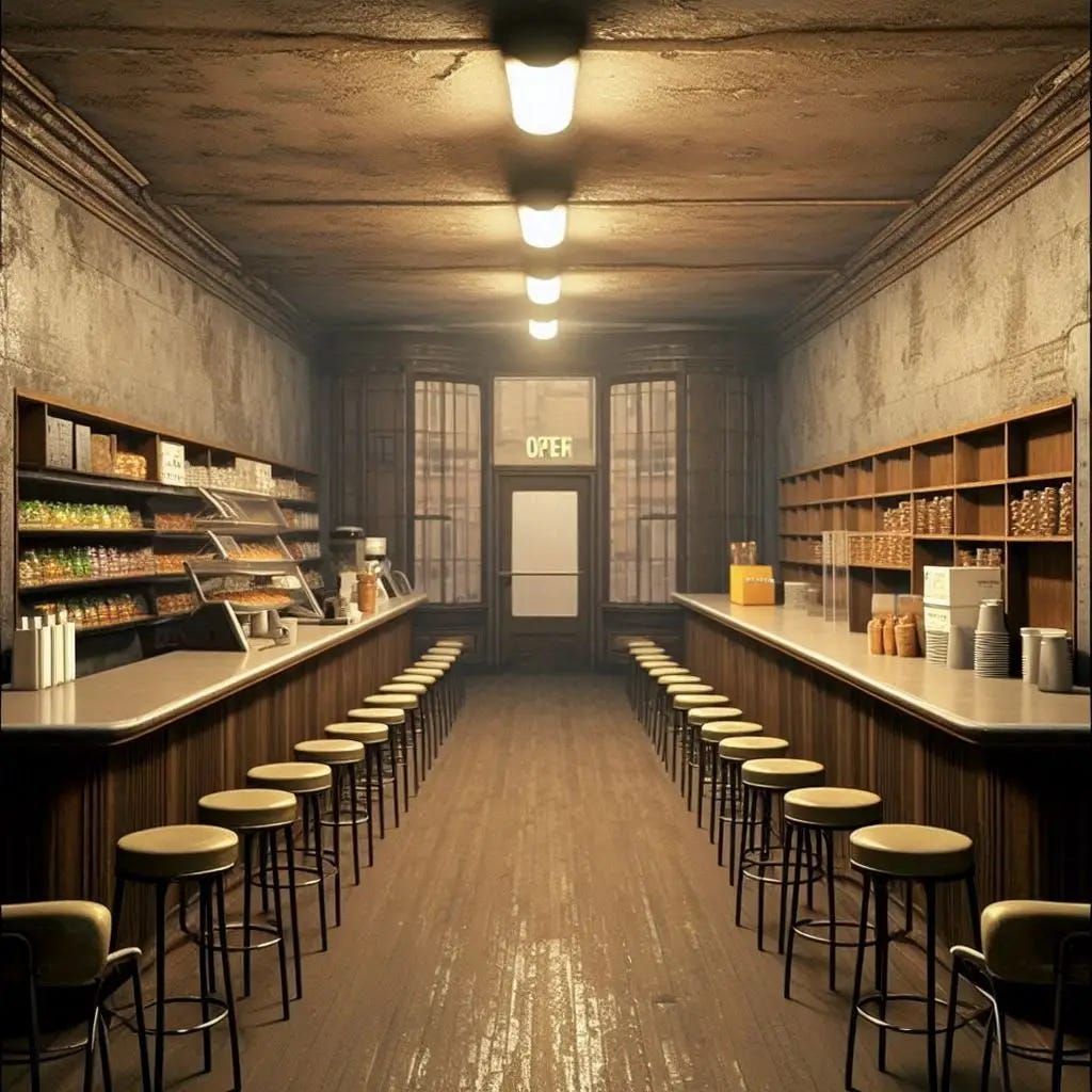 We all walked inside and the inside of the store looked somewhat normal. It looked pretty much like a basic bakery. They had those long counters where they would take change in exchange for baked sweets. on the right and left wall they had a long table stretched across it with the head stools pushing up under it. and then in the middle of the room there were a bunch of chairs for people to sit and drink coffee or eat. can you make it abandoned and eerie? We all walked inside and the inside of the store looked somewhat normal. It looked pretty much like a basic bakery. They had those long counters where they would take change in exchange for baked sweets. on the right and left wall they had a long table stretched across it with the head stools pushing up under it. and then in the middle of the room there were a bunch of chairs for people to sit and drink coffee or eat. can you make it abandoned and eerie?