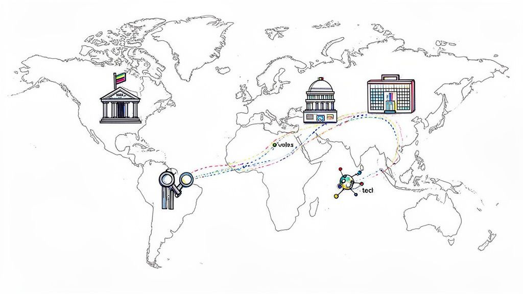 World map with icons representing global institutions and interconnected dotted lines. World map with icons representing global institutions and interconnected dotted lines.