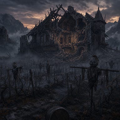 Ruined Wizard of Wines winery at twilight, northern second story wall shattered with great holes torn through timber and stone, splintered beams jutting like broken ribs, rubble‑strewn rooms visible inside, overturned furniture and shattered glass glittering like frost, eerie scarecrows standing silently among mist‑shrouded vineyard rows, Barovian Gothic atmosphere