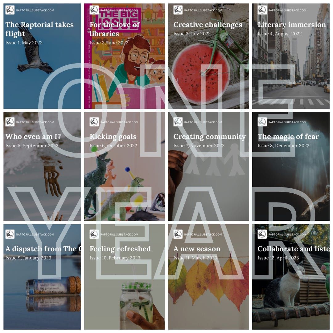 Collage with cover image for the first 12 issues of The Raptorial. Overlaid in large, semi transparent font are the words 'One Year'.