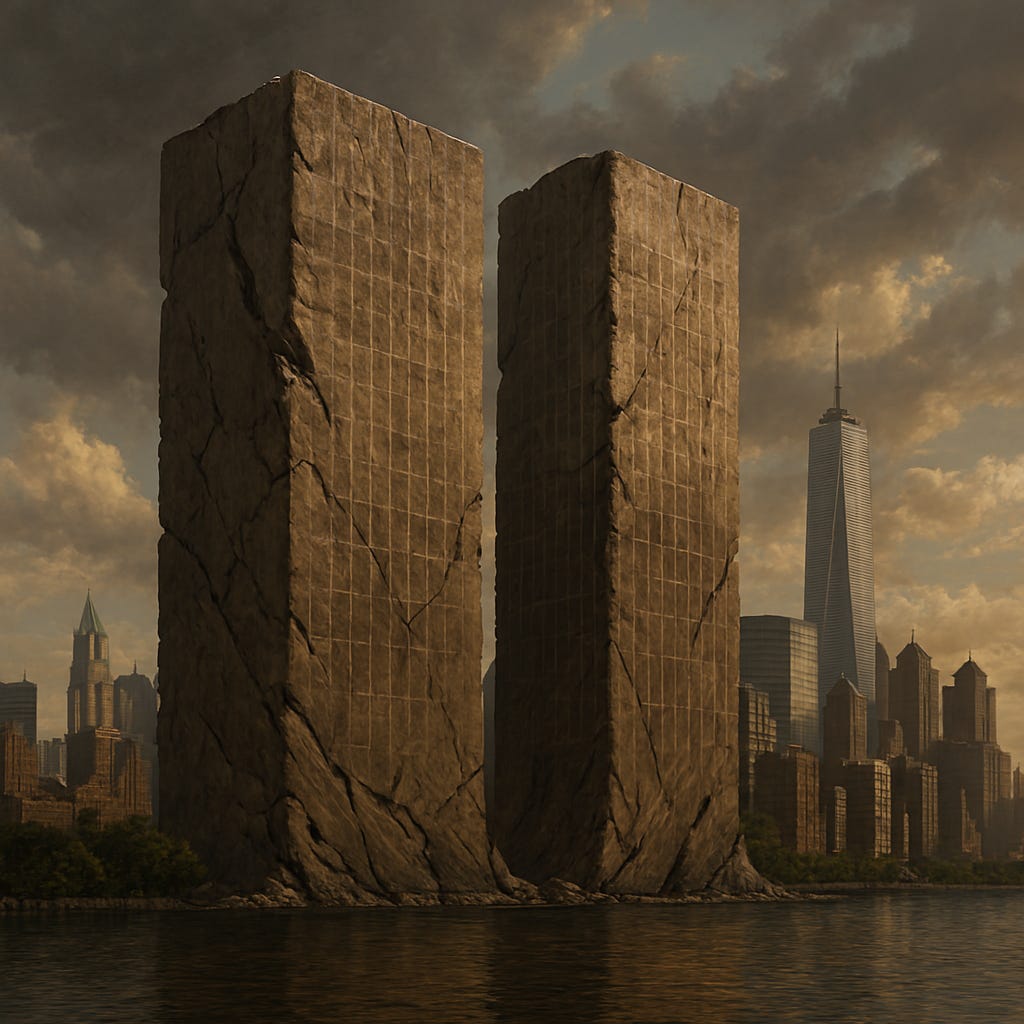 Create a symbolic image of the New York City skyline at dusk. The Twin Towers are replaced by two massive tectonic plates standing upright like monoliths. The plates resemble buildings, with ghostly windows subtly etched into their surfaces. The rest of the skyline remains recognizable. Style: mythic, surreal, symbolic.