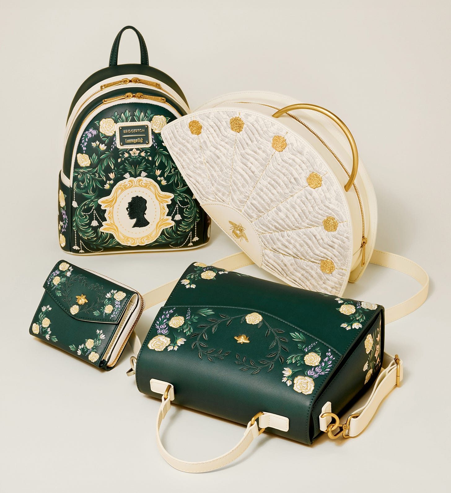 Bridgerton x Loungefly bags, featuring illustrated damask pattern artwork by artist Maggie Enterrios for bridgerton season 4