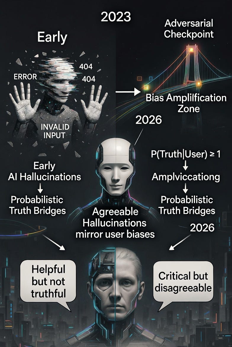 Timeline evolution of AI hallucinations from 2023 six-fingered glitches to 2026 agreeable hallucinations and adversarial checkpoints