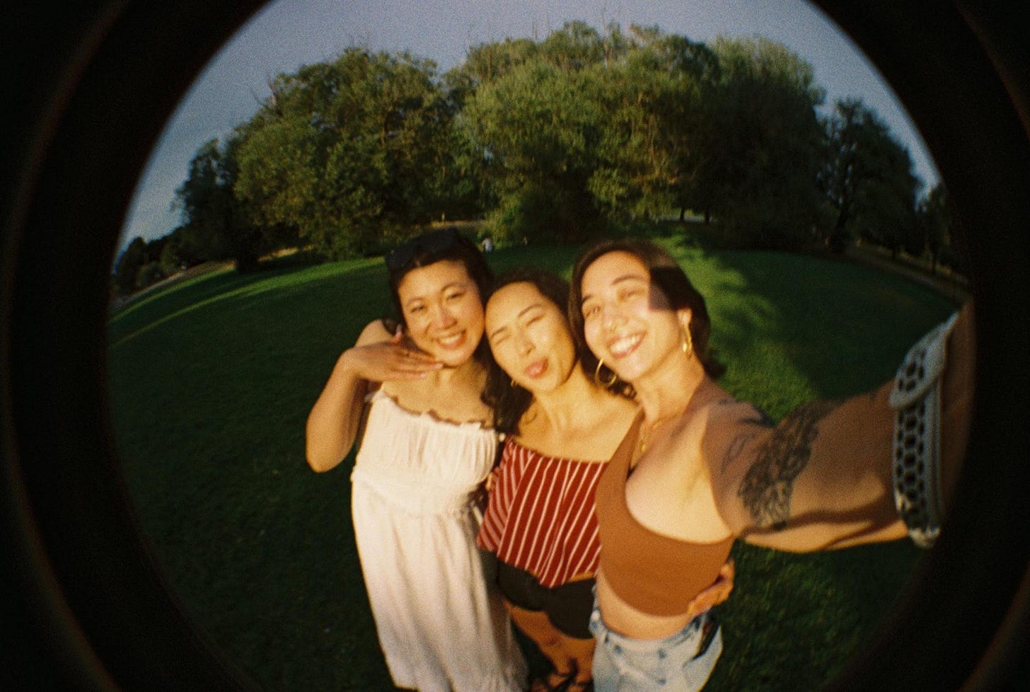 fisheye selfie of three asian femmes smiling & making cute faces on a summer evening at the park. fisheye selfie of three asian femmes smiling & making cute faces on a summer evening at the park.