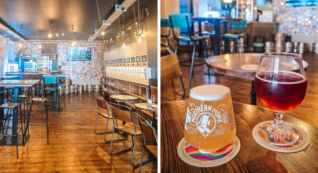 Two pictures of The Tap House in Nottingham - one of the interior with chairs, a colourful wall, and beer kegs and one of two drinks on top of colourful beer mats Two pictures of The Tap House in Nottingham - one of the interior with chairs, a colourful wall, and beer kegs and one of two drinks on top of colourful beer mats