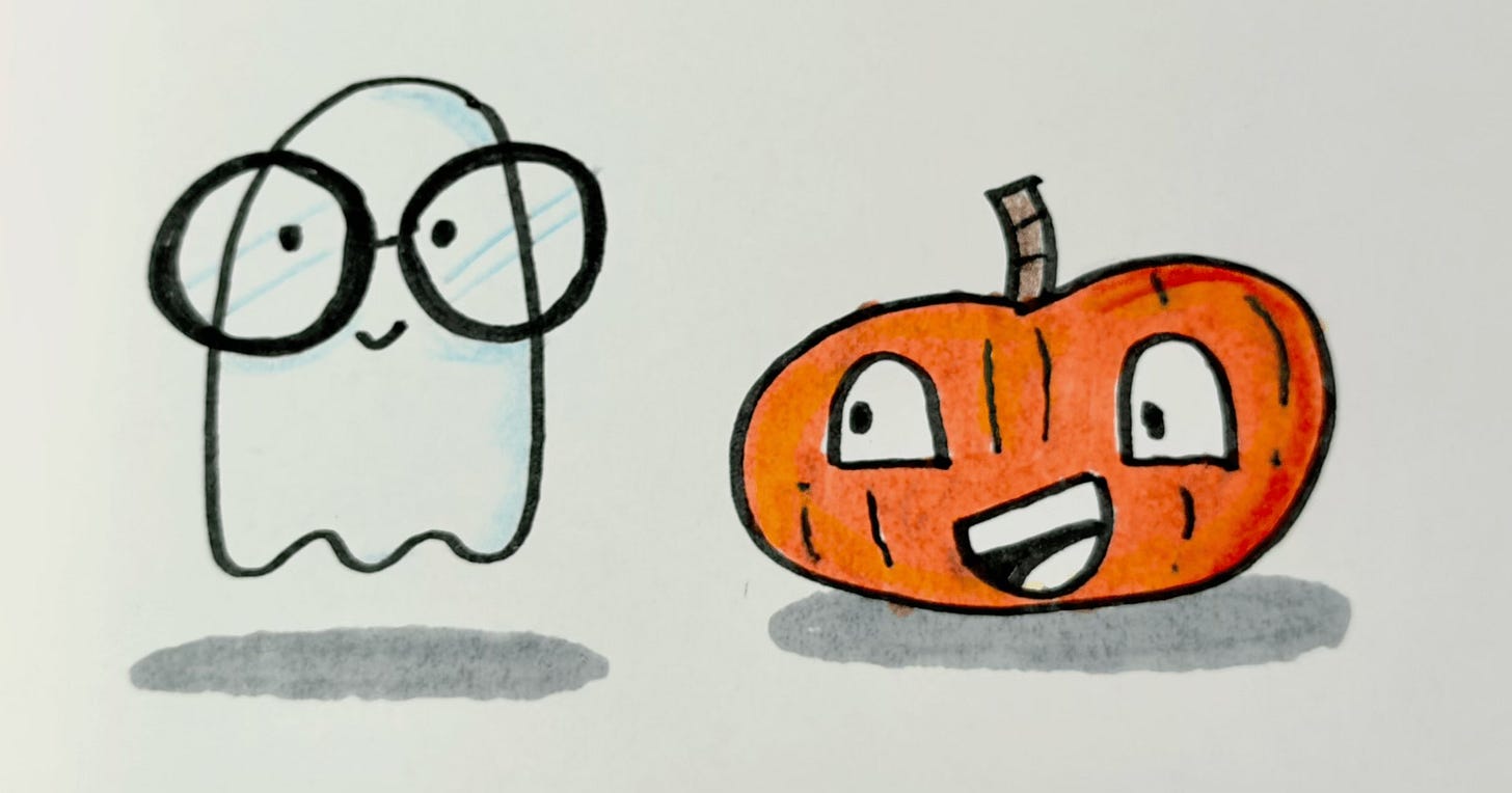 a marker illustration of a cute ghost wearing glasses and a grinning pumpkin a marker illustration of a cute ghost wearing glasses and a grinning pumpkin