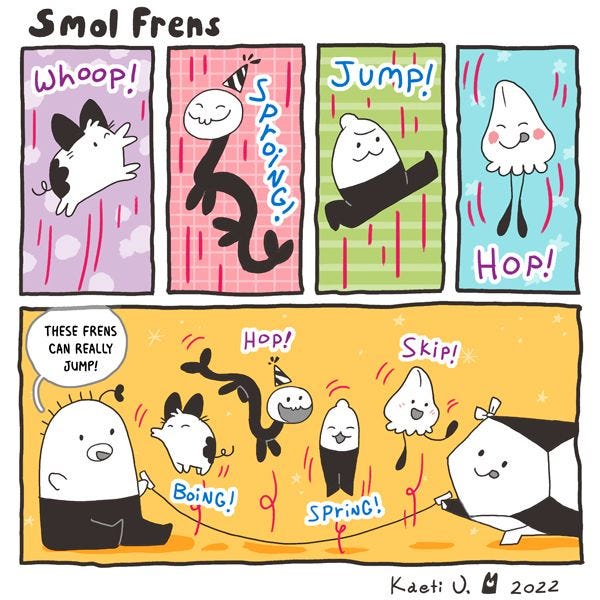Pigmouse, Wriggler, Stonebow, and other smol frens are jumping rope! "These frens can really jump!" says one fren.