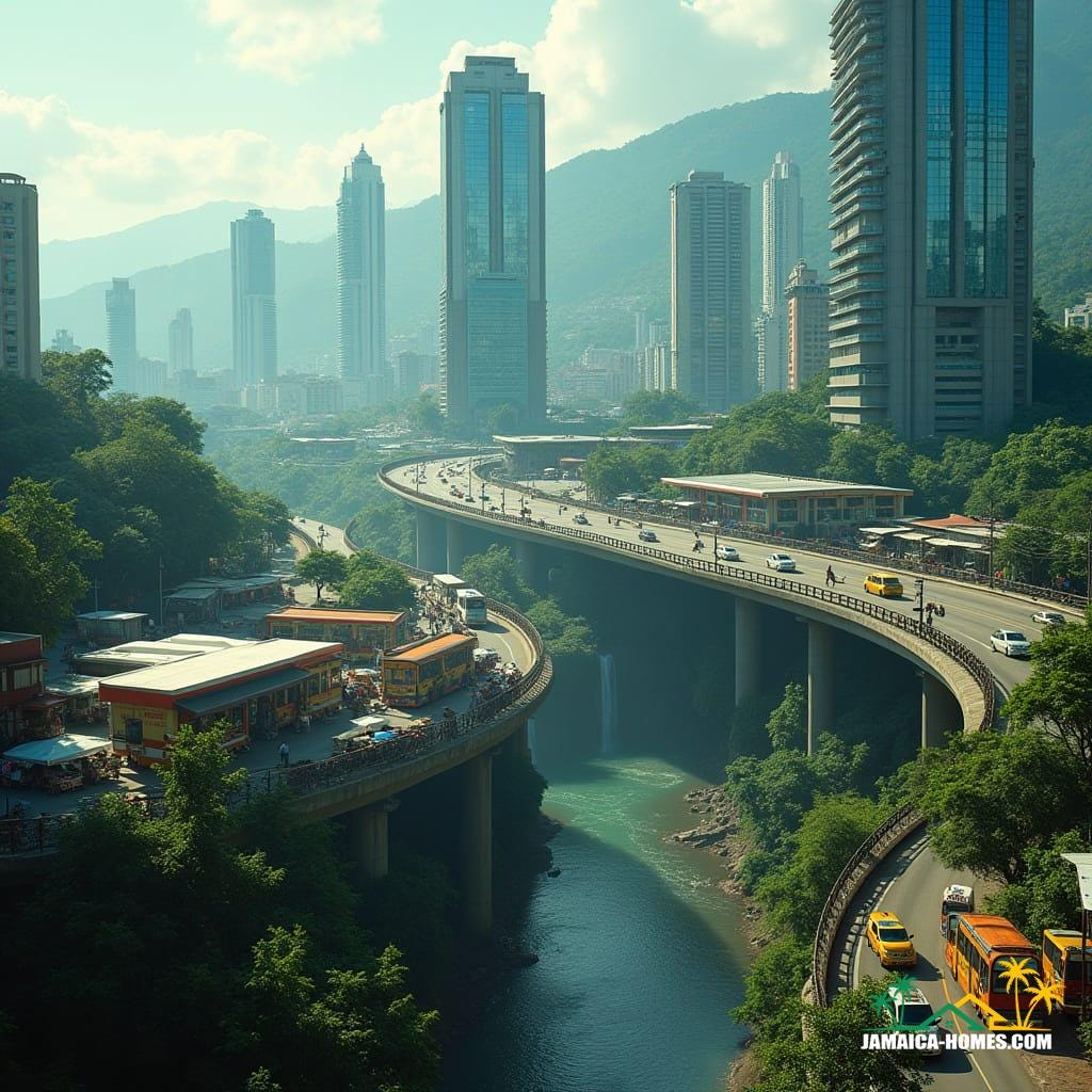 A futuristic Ocho Rios skyline with sleek glass towers, highway snaking through, petrol stations and convenience stores mid-level, colorful Jamaican minibuses on elevated roads, waterfalls and jungle between facades, vibrant market stalls on rooftop terraces, in a cinematic film still style, reminiscent of Blade Runner, with a hint of Syd Mead and Ash Thorp's futuristic neon aesthetic, shot on 35mm film with a v-raptor XL, incorporating film grain, vignette, and cinematic lighting, color graded for a dramatic atmosphere.