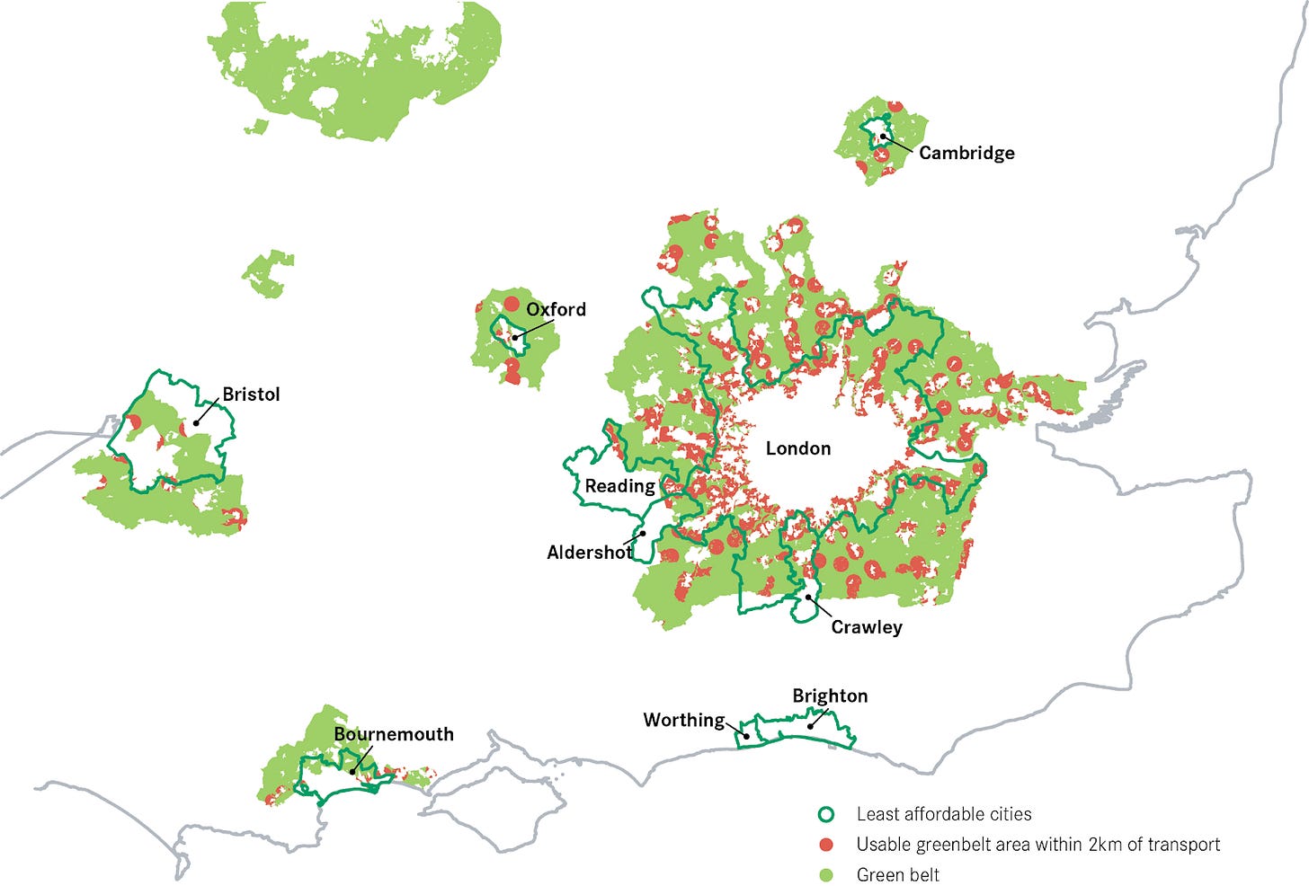 a map of southern england, showing the most extensive urban areas outlined in dark green, their greenbelts in light green, and extensive areas in red around stations, ideal for new homes