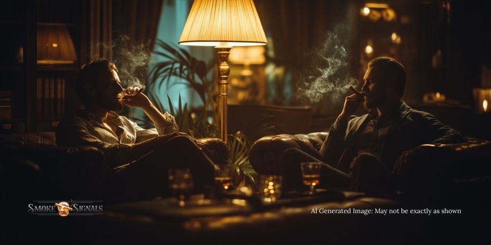 Friends enjoying whiskey and cigars together in a lounge.
